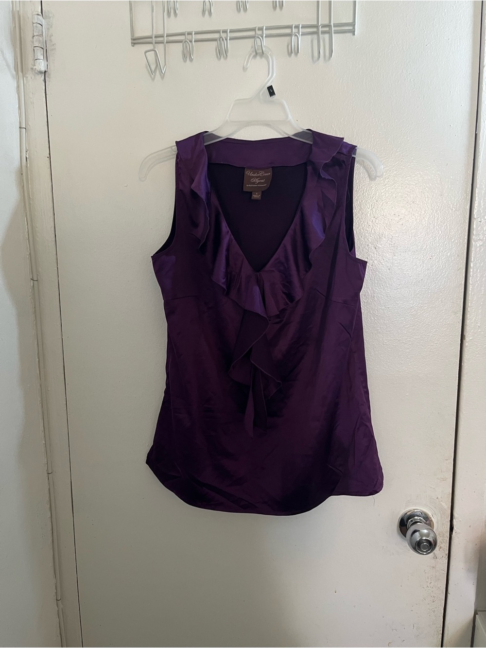 Undercover agent by Kathleen kirkwood. Purple Ruffle V-Neck Satin Camisole